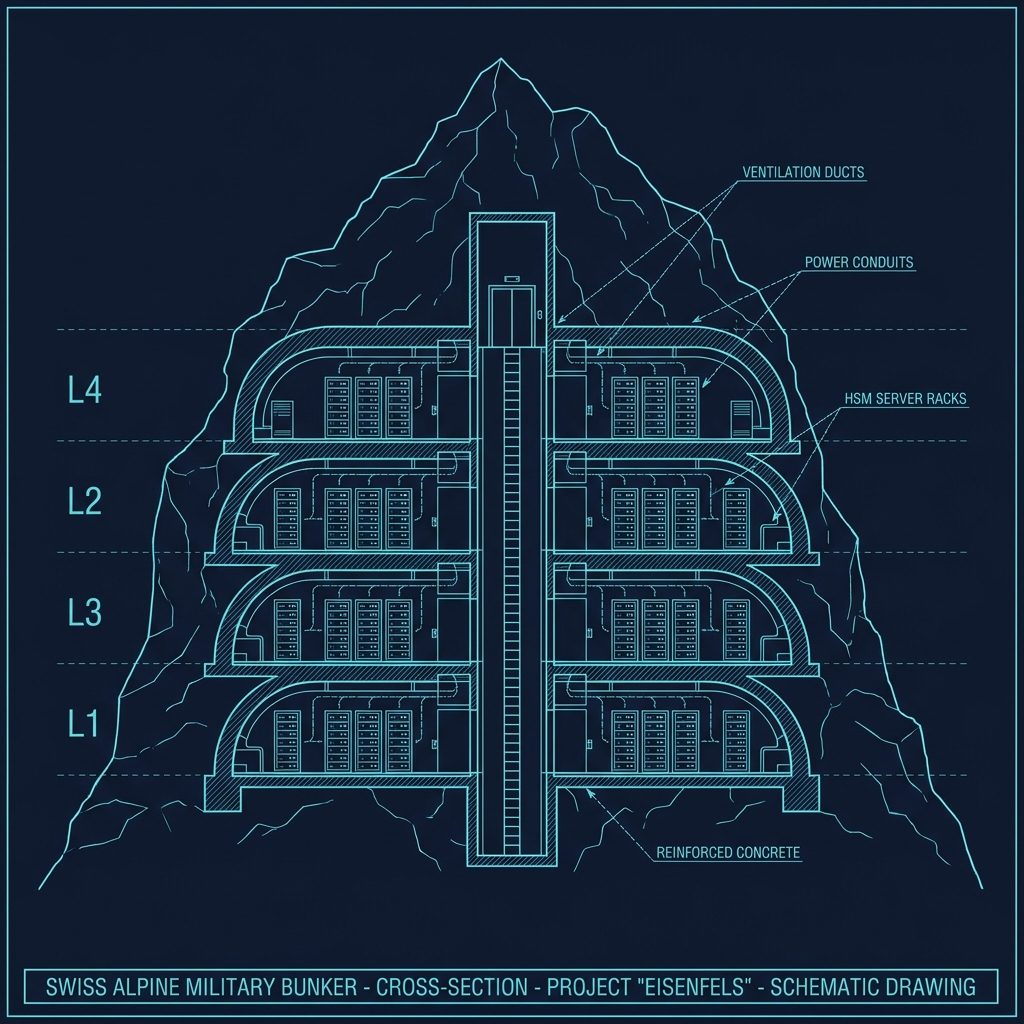 Swiss alpine military bunker — cross-section schematic, Project Eisenfels